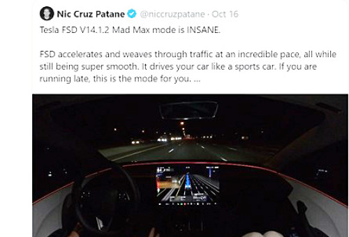 테슬라가 엑스 계정에 게시된 '매드 맥스' 모드 관련 글
[@Tesla X 게시물 캡처. 재판매 및 DB 금지]
